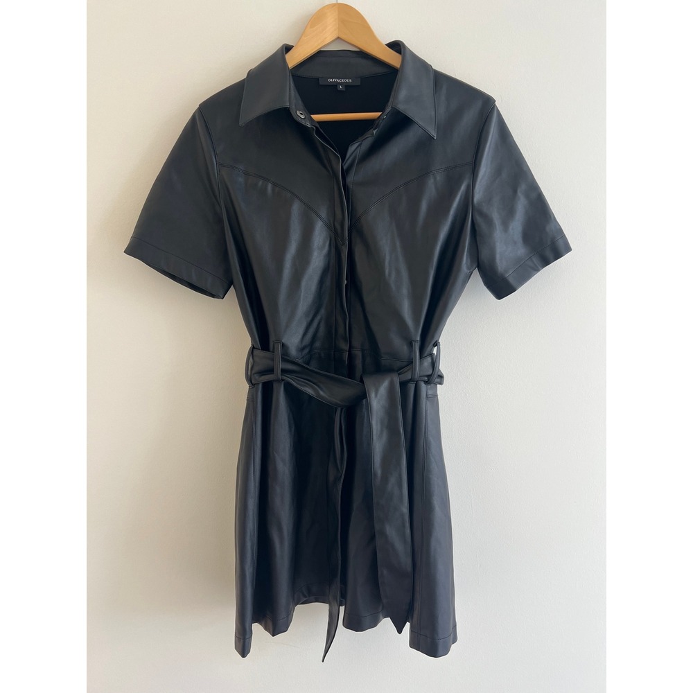 Olivaceous L Black Faux Leather Belted Shirt Dress Moto Edgy Going Out Mini